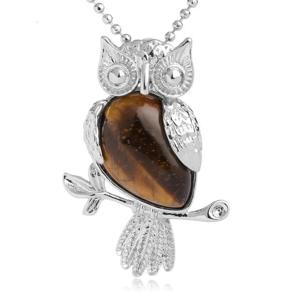 Pendentif en forme de hibou avec pierre oeil de tigre - Mes Bijoux En Pierres Naturelles