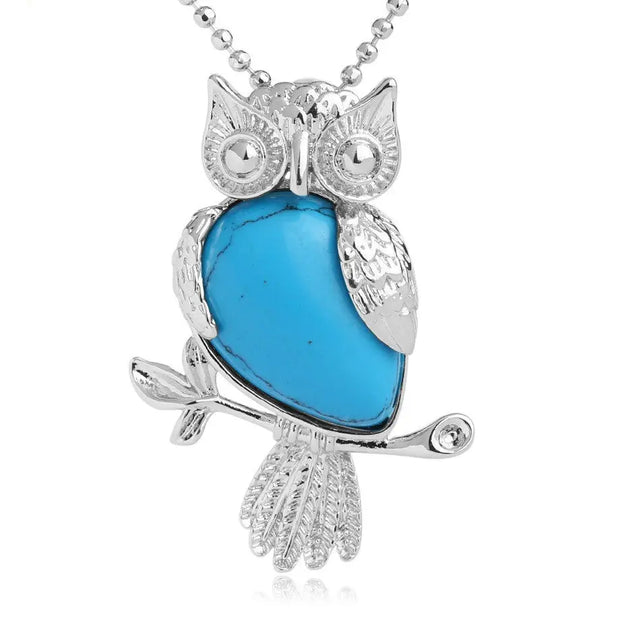 Pendentif hibou en pierre turquoise bleue - Mes Bijoux En Pierres Naturelles
