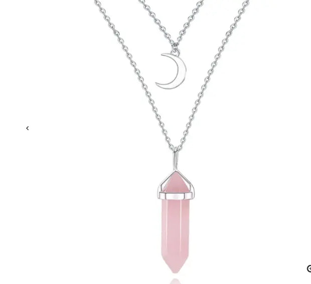 Pendentif croissant de lune en quartz rose : Élégant collier - Mes Bijoux En Pierres Naturelles