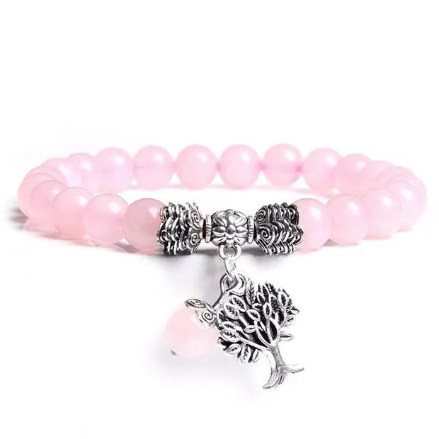 Bijou élastique en quartz rose avec motif arbre de vie - Mes Bijoux En Pierres Naturelles