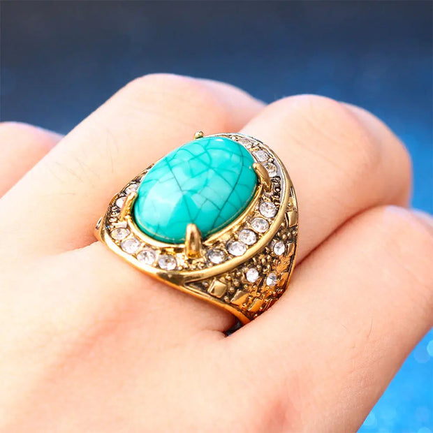 Chevalière en or ornée de pierre turquoise et cristaux - Mes Bijoux En Pierres Naturelles