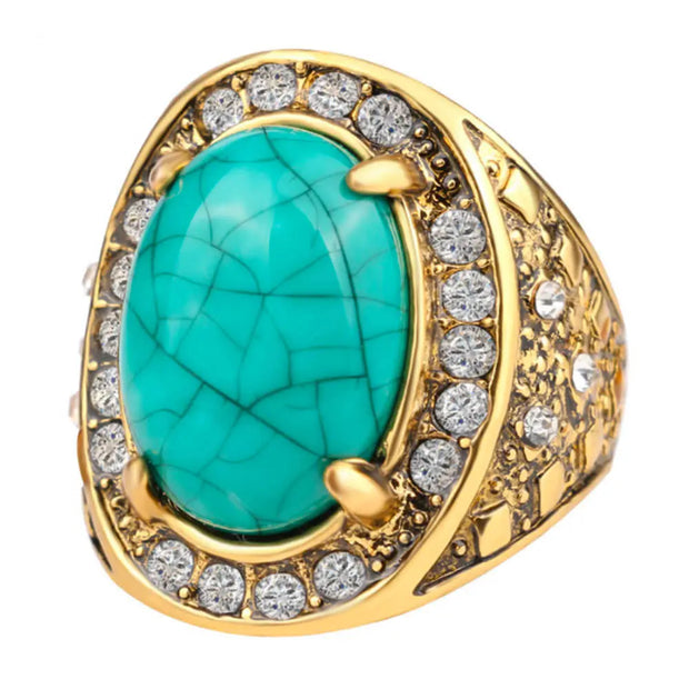 Chevalière en or ornée de pierre turquoise et cristaux - Mes Bijoux En Pierres Naturelles