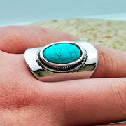 Anneau argenté avec turquoise élancée - Mes Bijoux En Pierres Naturelles