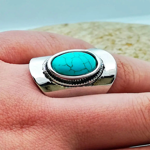Anneau argenté avec turquoise élancée - Mes Bijoux En Pierres Naturelles