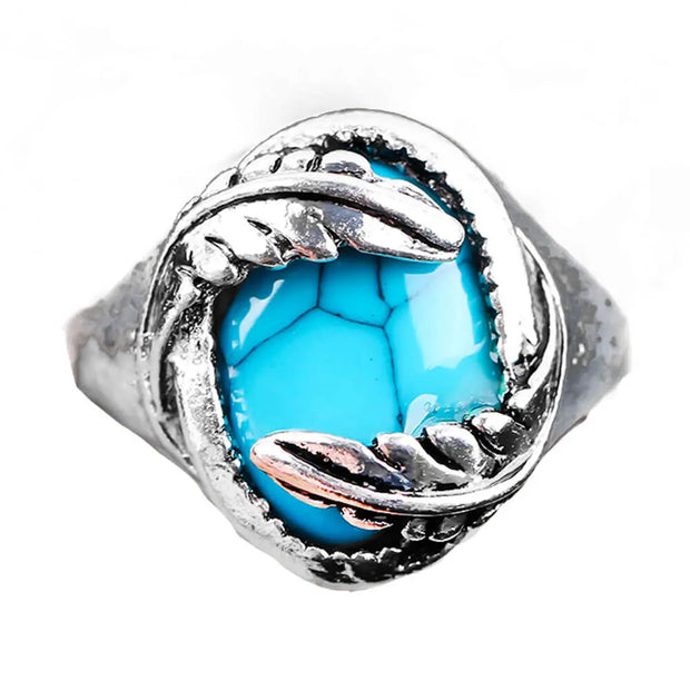 Anneau argenté en turquoise et plumes - Mes Bijoux En Pierres Naturelles
