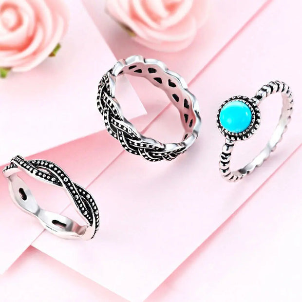 Ensemble de trois anneaux avec pierre turquoise - Mes Bijoux En Pierres Naturelles