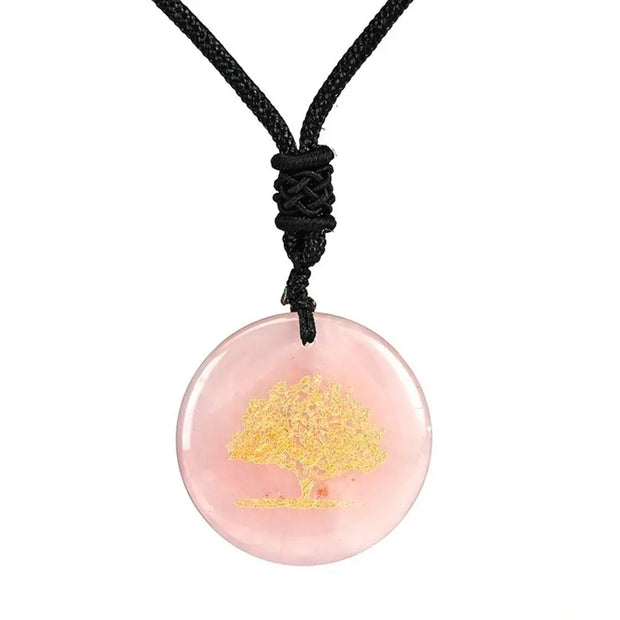 Collier charmant avec pendentif en quartz rose représentant l'arbre de vie - Mes Bijoux En Pierres Naturelles