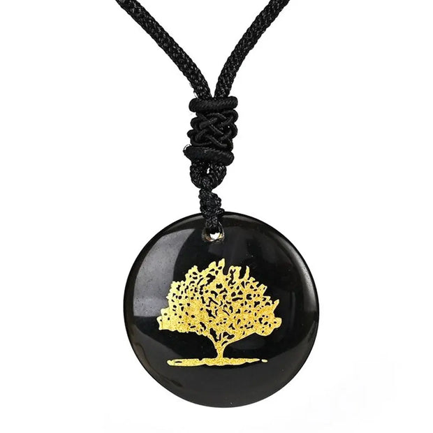 Pendentif avec pierre obsidienne noire - Symbole arbre de vie - Mes Bijoux En Pierres Naturelles