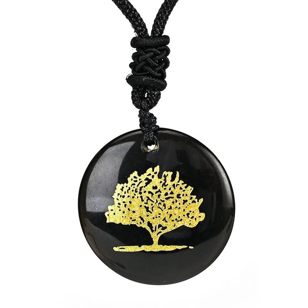 Pendentif avec pierre obsidienne noire - Symbole arbre de vie - Mes Bijoux En Pierres Naturelles