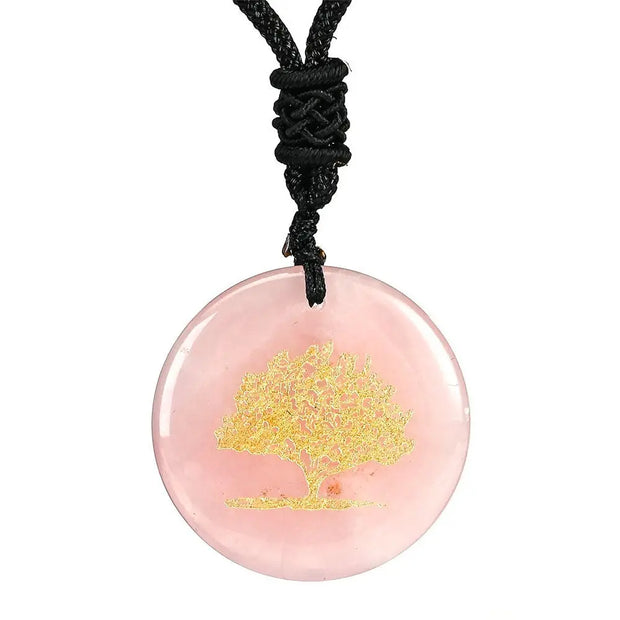 Collier charmant avec pendentif en quartz rose représentant l'arbre de vie - Mes Bijoux En Pierres Naturelles