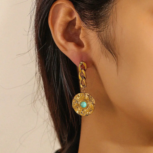 Créoles en or avec turquoise ronde - Mes Bijoux En Pierres Naturelles