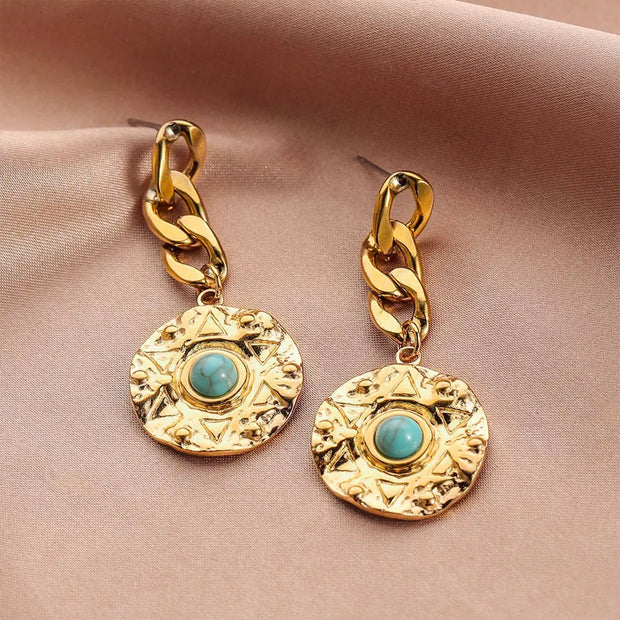 Créoles en or avec turquoise ronde - Mes Bijoux En Pierres Naturelles