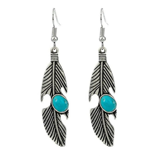 Créoles argentées en pierre turquoise et plumes - Mes Bijoux En Pierres Naturelles
