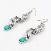 Créoles argentées avec turquoise et motif feuille - Mes Bijoux En Pierres Naturelles