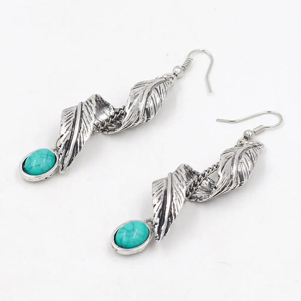 Créoles argentées avec turquoise et motif feuille - Mes Bijoux En Pierres Naturelles
