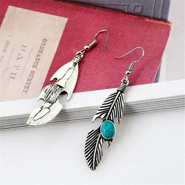 Créoles argentées en pierre turquoise et plumes - Mes Bijoux En Pierres Naturelles