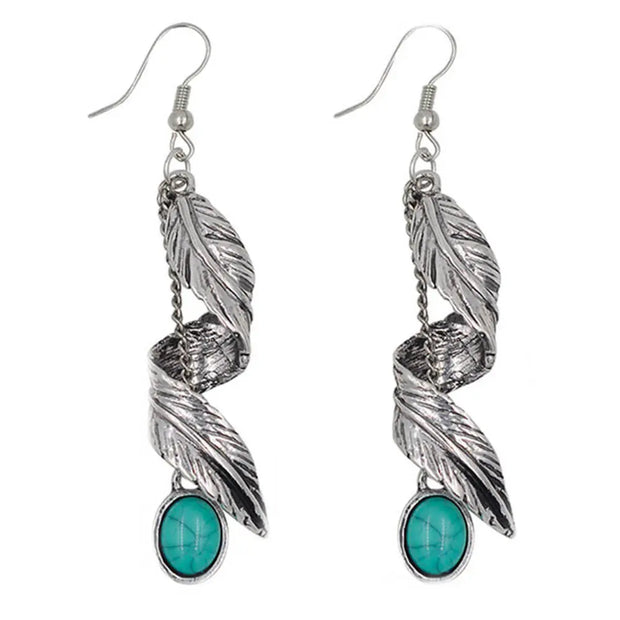 Créoles argentées avec turquoise et motif feuille - Mes Bijoux En Pierres Naturelles