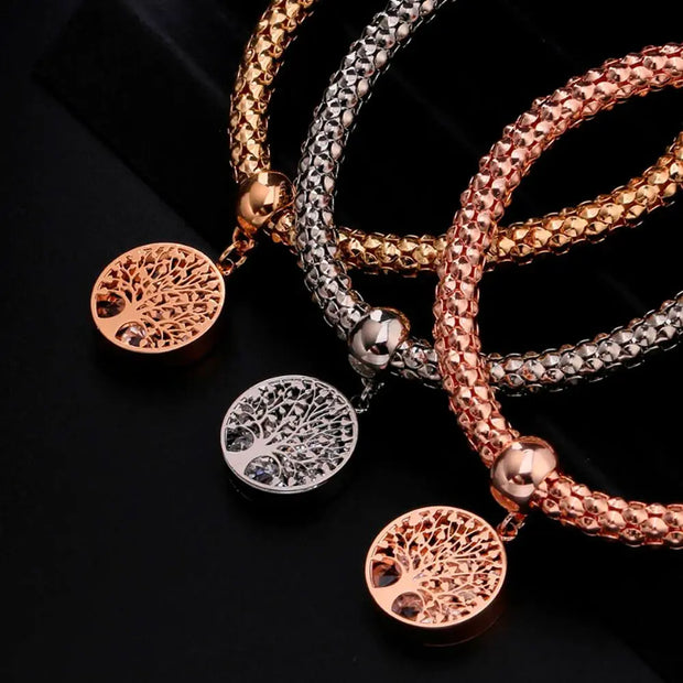 Manchettes élastiques avec charms arbre de vie en cristal de roche - Mes Bijoux En Pierres Naturelles