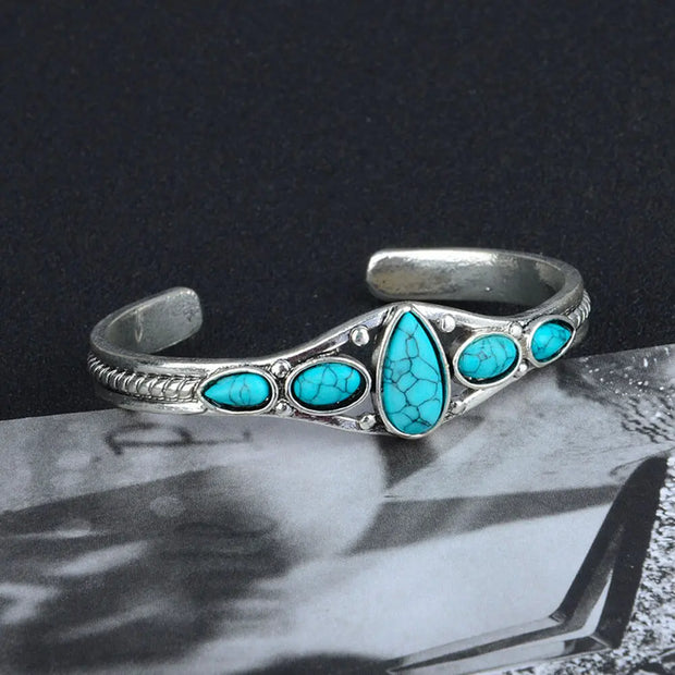Jonc ajustable orné d'une pierre turquoise ovale - Mes Bijoux En Pierres Naturelles