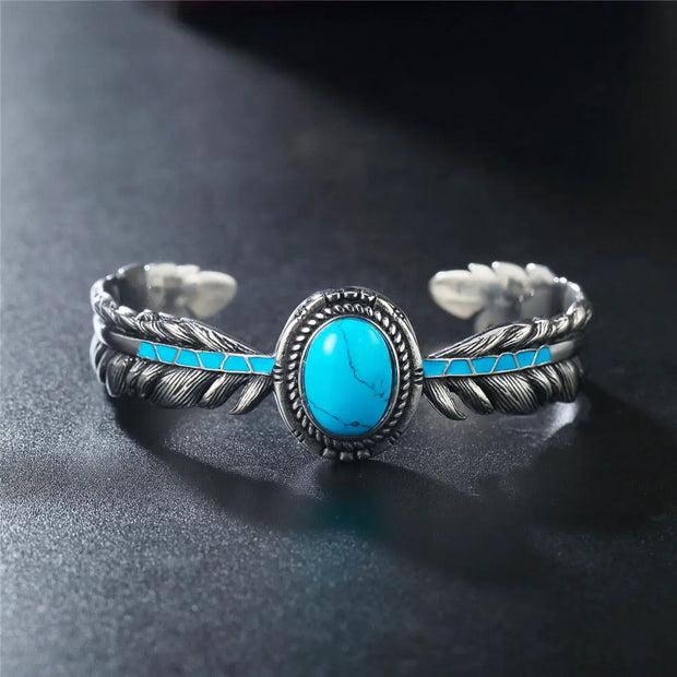 Jonc ajustable en pierre turquoise et plume - Mes Bijoux En Pierres Naturelles