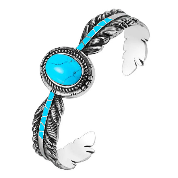 Jonc ajustable en pierre turquoise et plume - Mes Bijoux En Pierres Naturelles