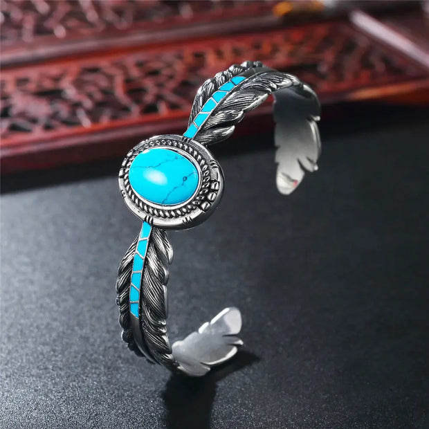 Jonc ajustable en pierre turquoise et plume - Mes Bijoux En Pierres Naturelles