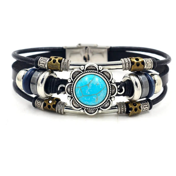 Bracelet en cuir noir avec pierre turquoise - Mes Bijoux En Pierres Naturelles