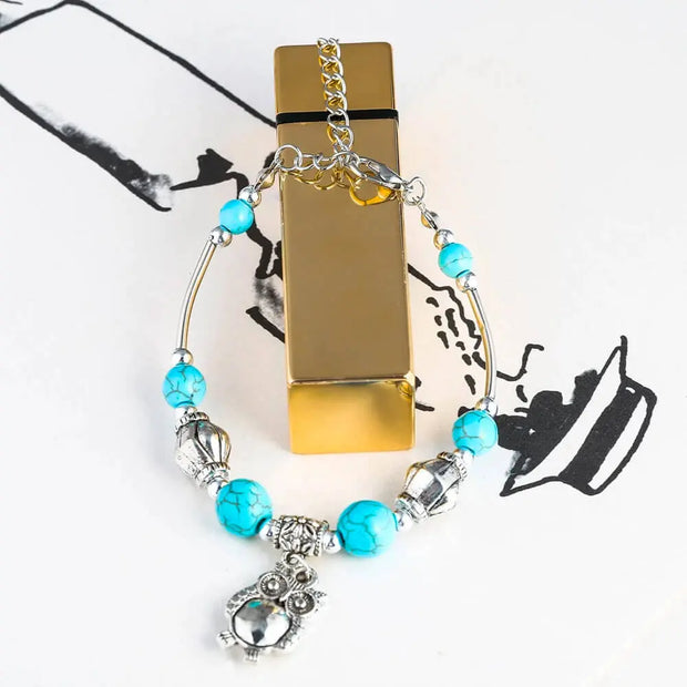 Bijou poignet turquoise hibou inox argenté - Mes Bijoux En Pierres Naturelles