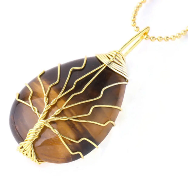 Pendentif arbre de vie en or avec pierre œil de tigre - Mes Bijoux En Pierres Naturelles