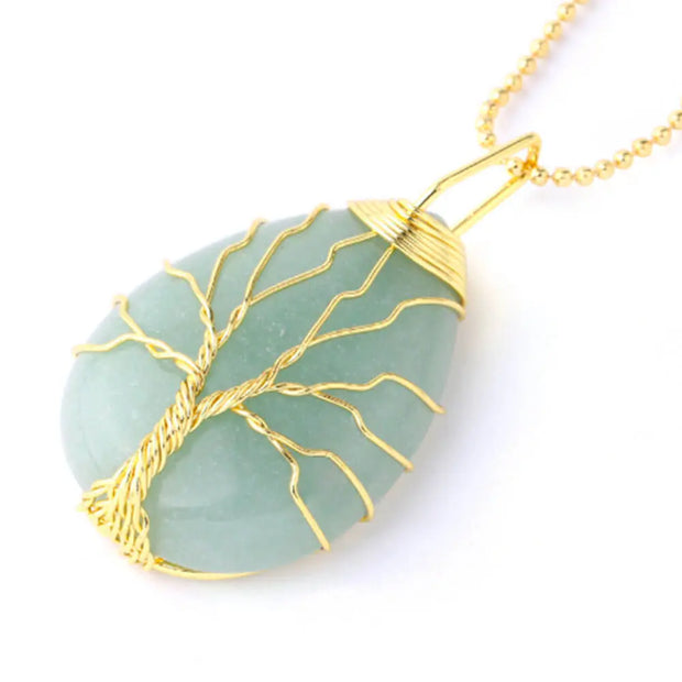 Sautoir talisman arbre de vie en aventurine verte et or - Mes Bijoux En Pierres Naturelles