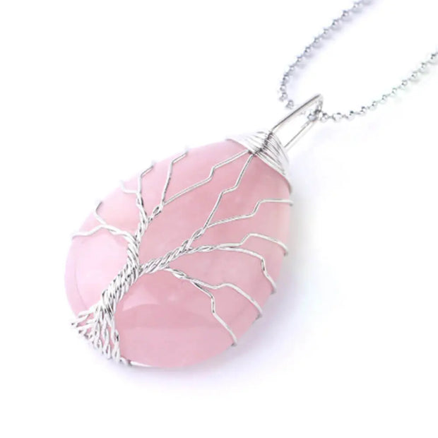 Pendentif arbre de vie en argent et quartz rose - Mes Bijoux En Pierres Naturelles