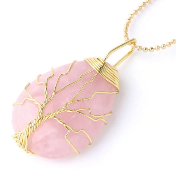Pendentif arbre de vie en or et quartz rose - Mes Bijoux En Pierres Naturelles
