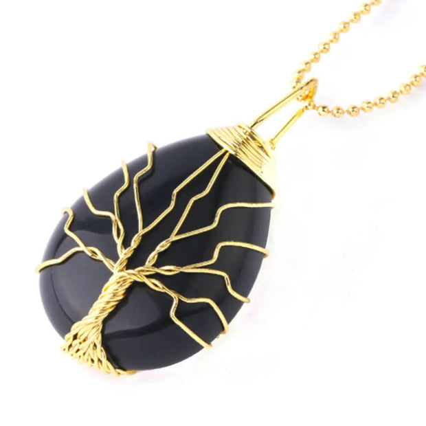 Pendentif en or arbre de vie avec obsidienne noire - Mes Bijoux En Pierres Naturelles