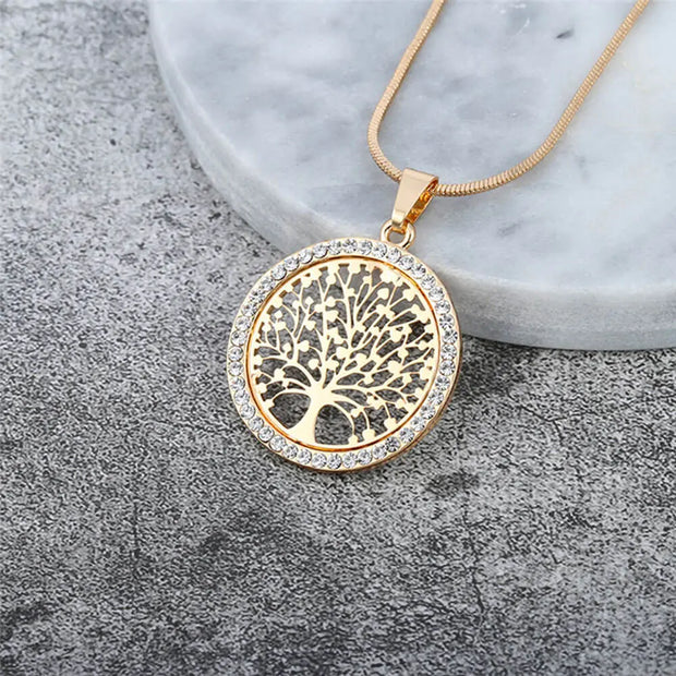 Collier amulette arbre de vie cristal acier doré - Mes Bijoux En Pierres Naturelles