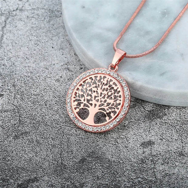 Pendentif arbre de vie en cristal et acier doré rose - Mes Bijoux En Pierres Naturelles