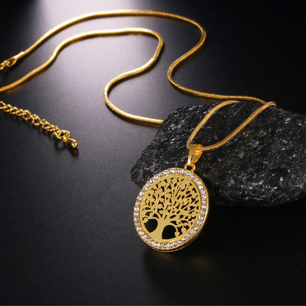 Collier amulette arbre de vie cristal acier doré - Mes Bijoux En Pierres Naturelles