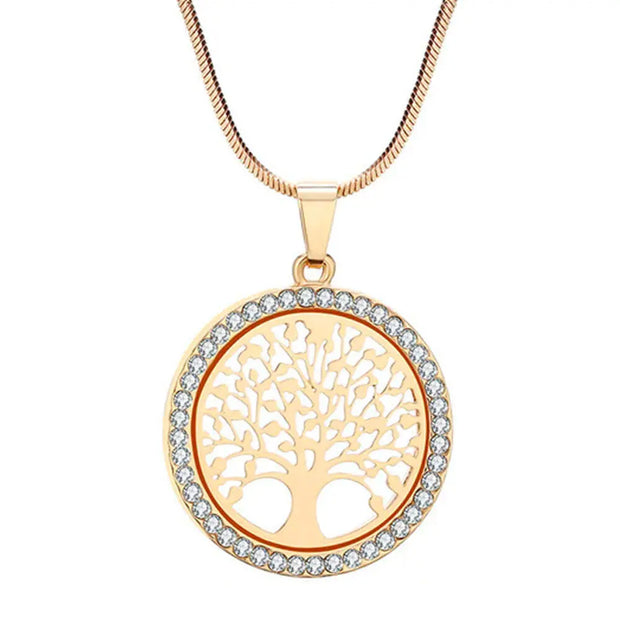Collier amulette arbre de vie cristal acier doré - Mes Bijoux En Pierres Naturelles