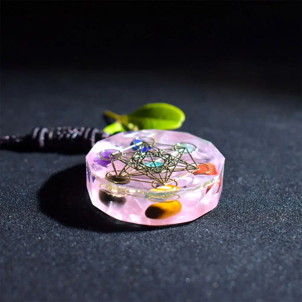 Pendentif cube de Métatron en orgonite et quartz rose - Mes Bijoux En Pierres Naturelles