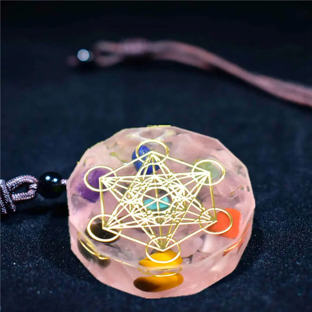 Pendentif cube de Métatron en orgonite et quartz rose - Mes Bijoux En Pierres Naturelles