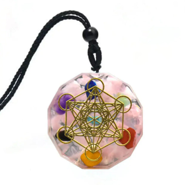Pendentif cube de Métatron en orgonite et quartz rose - Mes Bijoux En Pierres Naturelles