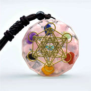 Pendentif cube de Métatron en orgonite et quartz rose - Mes Bijoux En Pierres Naturelles