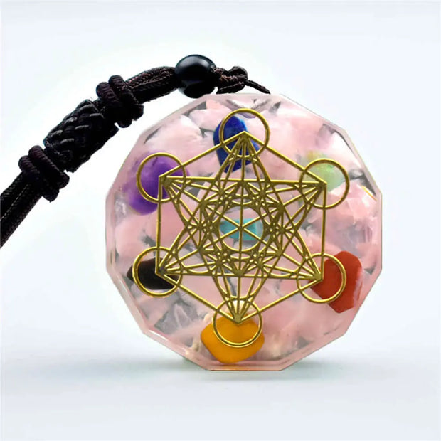 Pendentif cube de Métatron en orgonite et quartz rose - Mes Bijoux En Pierres Naturelles