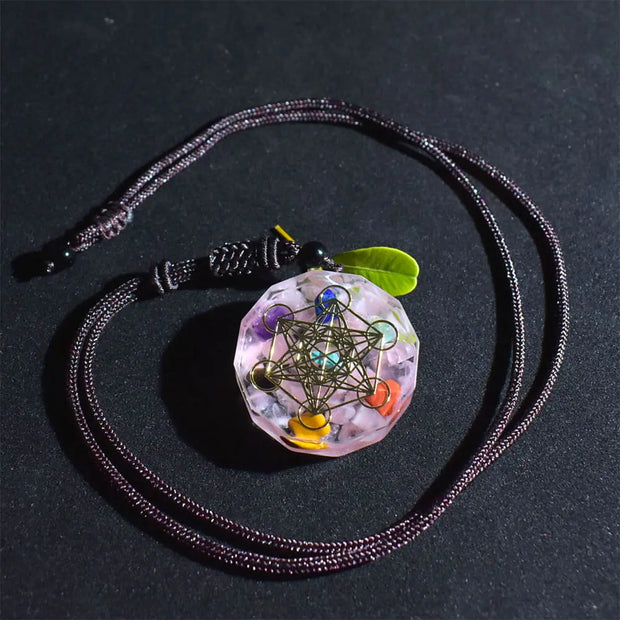 Pendentif cube de Métatron en orgonite et quartz rose - Mes Bijoux En Pierres Naturelles
