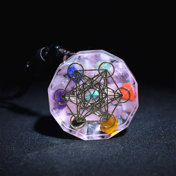 Pendentif cube de Métatron en orgonite et quartz rose - Mes Bijoux En Pierres Naturelles