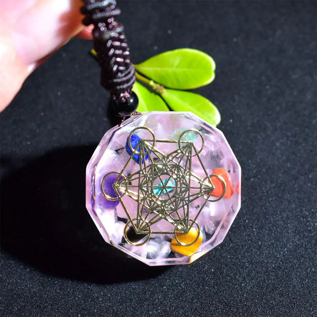 Pendentif cube de Métatron en orgonite et quartz rose - Mes Bijoux En Pierres Naturelles