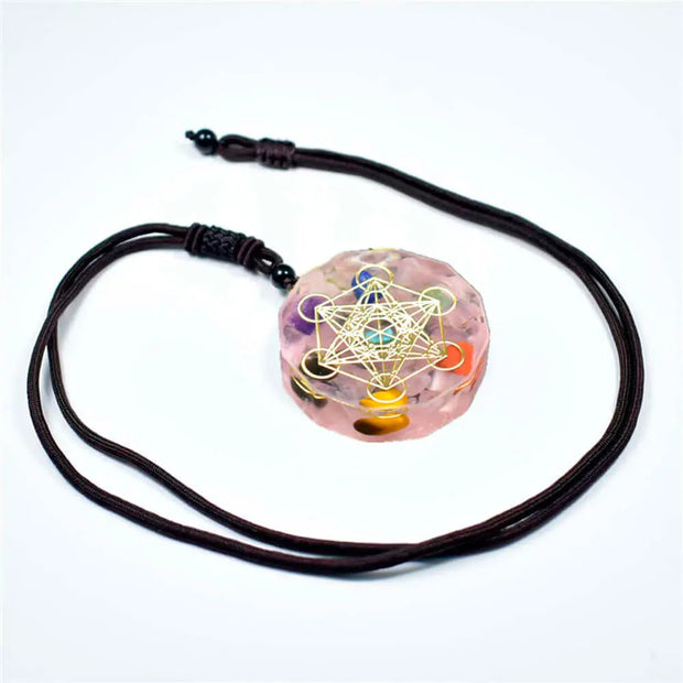 Pendentif cube de Métatron en orgonite et quartz rose - Mes Bijoux En Pierres Naturelles