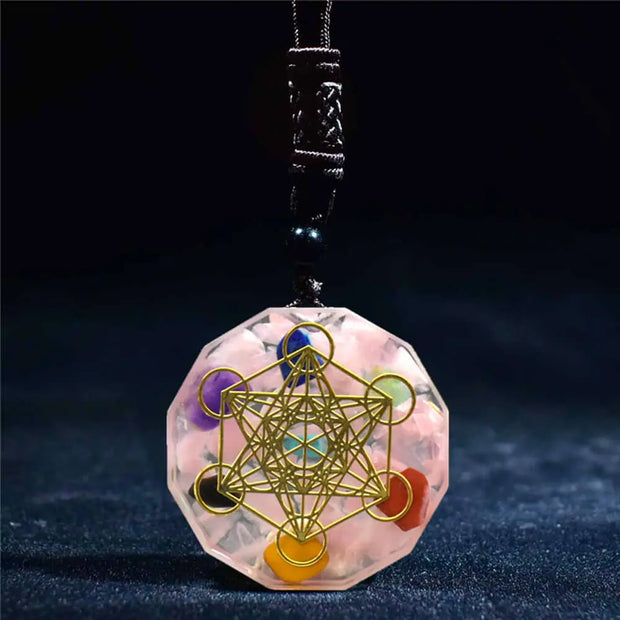 Pendentif cube de Métatron en orgonite et quartz rose - Mes Bijoux En Pierres Naturelles