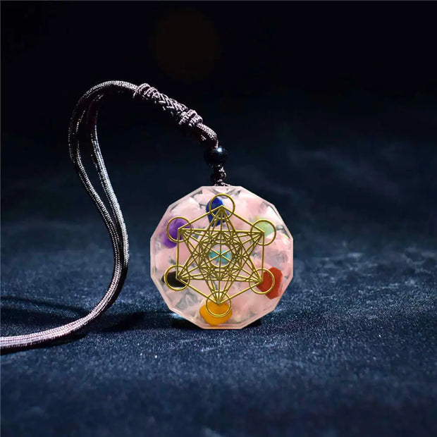 Pendentif cube de Métatron en orgonite et quartz rose - Mes Bijoux En Pierres Naturelles