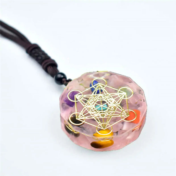 Pendentif cube de Métatron en orgonite et quartz rose - Mes Bijoux En Pierres Naturelles