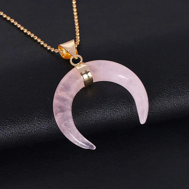Pendentif collier quartz rose en forme de lune - Mes Bijoux En Pierres Naturelles